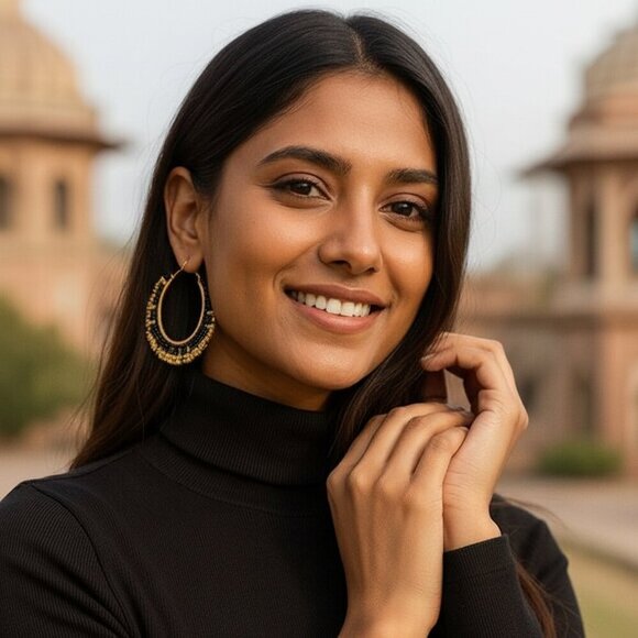 Indian Artisan Beaded Boho Chic Stylish Handmade Statement Hoop Earrings - Picture 7 of 13